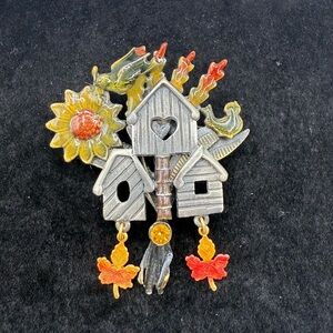 Rare Vintage Kenneth Cole Bird House Autumn Leaf Rhinestone Enamel Pin Brooch